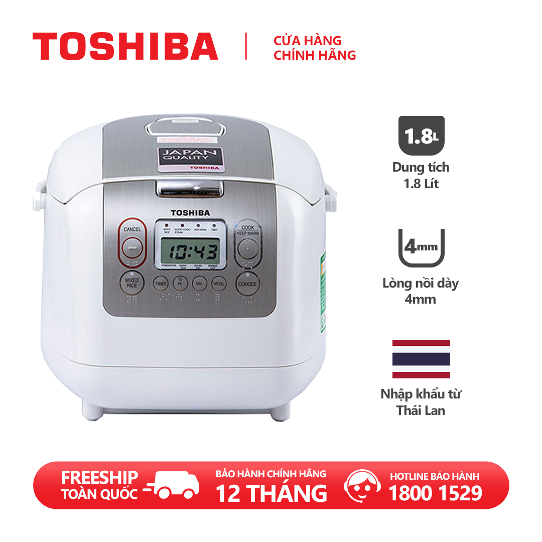 Nồi cơm điện tử Toshiba 1.8L RC-18NTFV(W) - Xuất xứ Thái lan - Lòng nồi hợp kim dày 4mm - Phù hợp cho gia đình 4-6 người - Bảo hành 12 tháng, chất lượng Nhật Bản