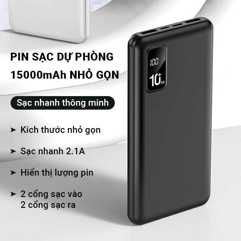 Pin sạc dự phòng 15000mah y65 hỗ trợ sạc nhanh tốc độ 2.1a,màn hình đèn led điện tử