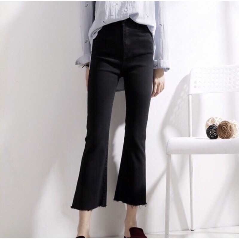Quần jean ống loe cạp cao đen trơn ZENA vải bò giấy co giãn phong cách Hàn Quốc Q059