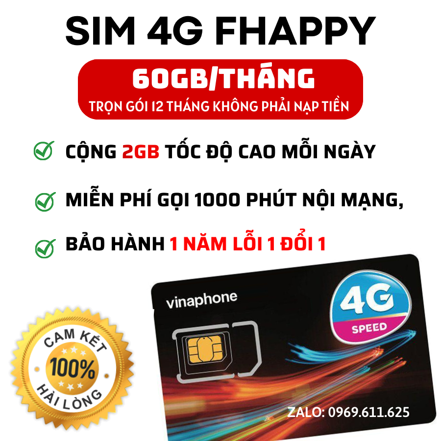 Sim 4G Vinaphone Fhappy U1500 TD49 D500 VD149 , Sim 4g trọn gói 1 năm
