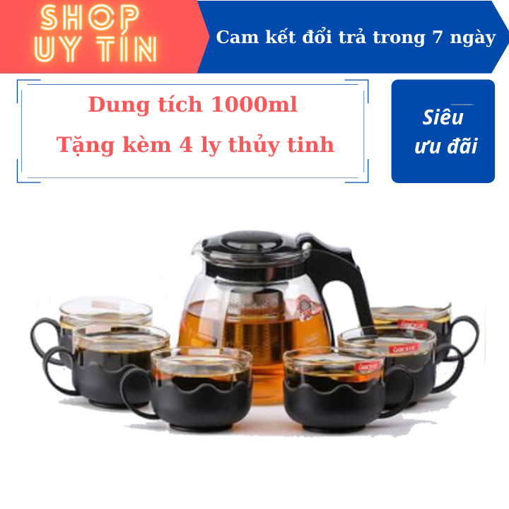 Bình trà - Bộ ấm trà thuỷ tinh có túi lọc INOX dung tích 1000ML + tặng kèm 4 LY THUỶ TINH dung tích 300ML Ấm pha trà thuỷ tinh có túi lọc inox dung tích 1000ml thiết kế độc đáo + Tặng kèm 4 ly thuỷ tinh, Bình pha trà thủy tinh