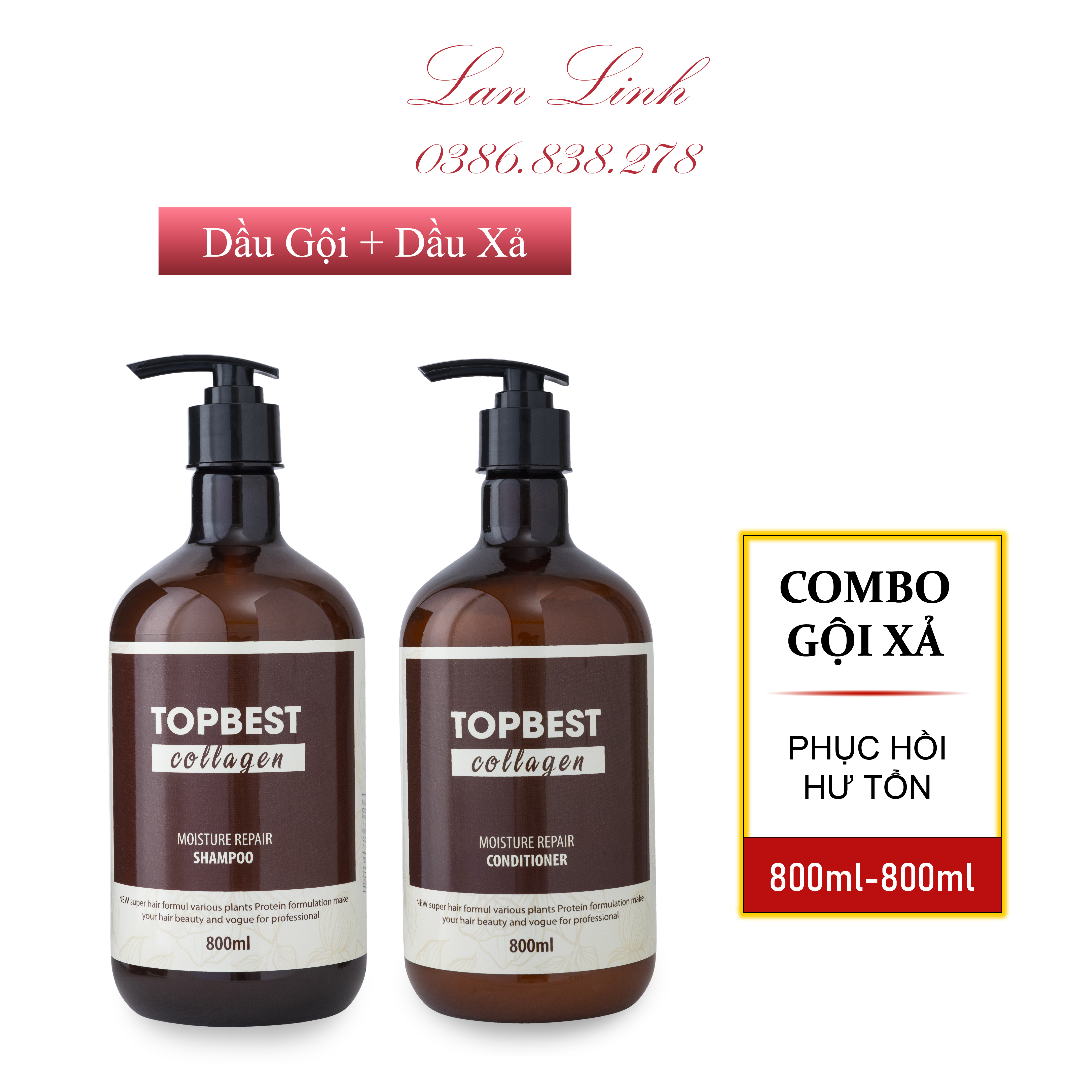 Dầu gội & dầu xả phục hồi tóc hư tổn topbest collagen 800 ml