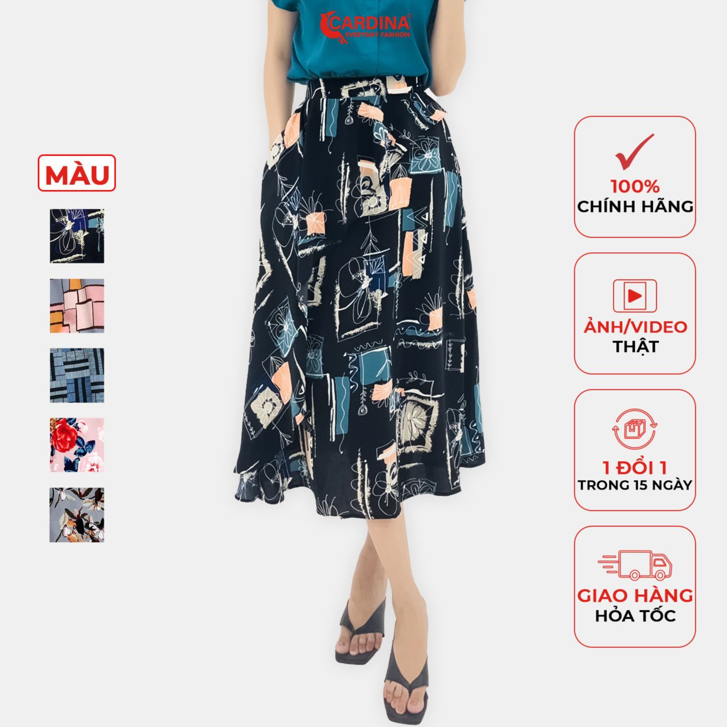 Chân Váy Nữ CARDINA Đồ Công Sở Chất Lụa Mango Nhật Cao Cấp 2 Lớp Dáng Xòe Họa Tiết Hoa Cách Điệu 2CV02