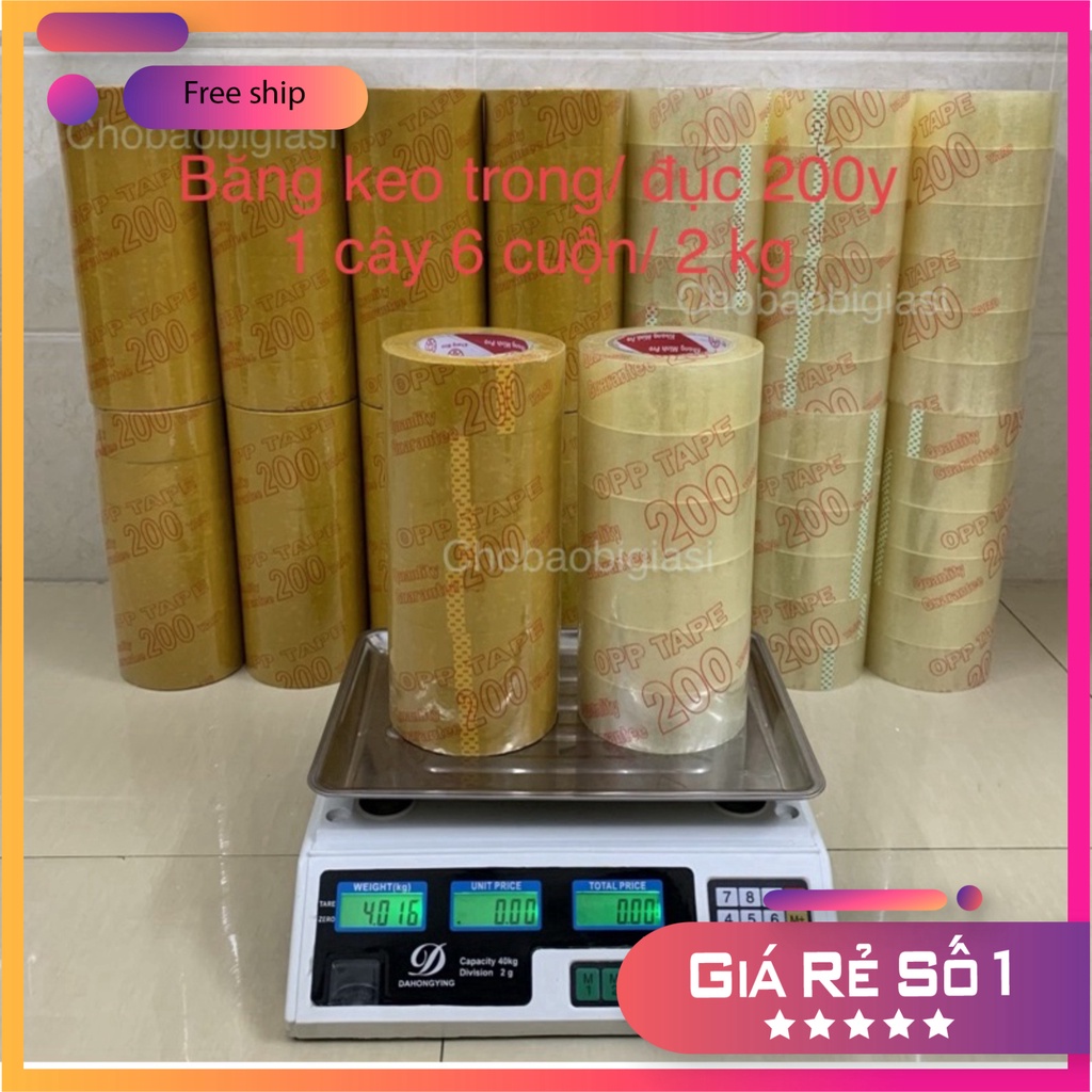 [Giá rẻ] {1 cây/ 6 cuộn} Băng keo trong, băng keo đục 200yard đủ 1,8kg/ cây, lõi nhỏ, độ dính cao.