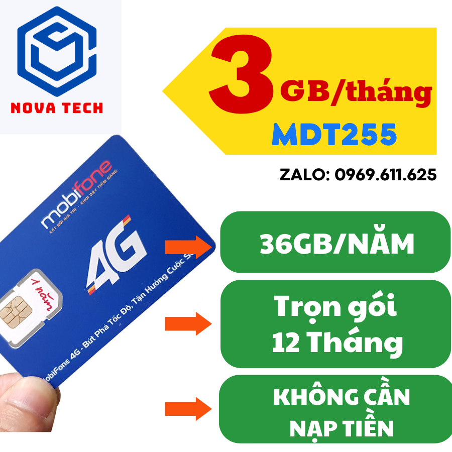 Sim 4G Mobifone Trọn Gói 1 Năm MDT255 Không Nạp Tiền (3GB/Tháng) - Sim 4G Trọn Gói 12 Tháng Vào Mạng