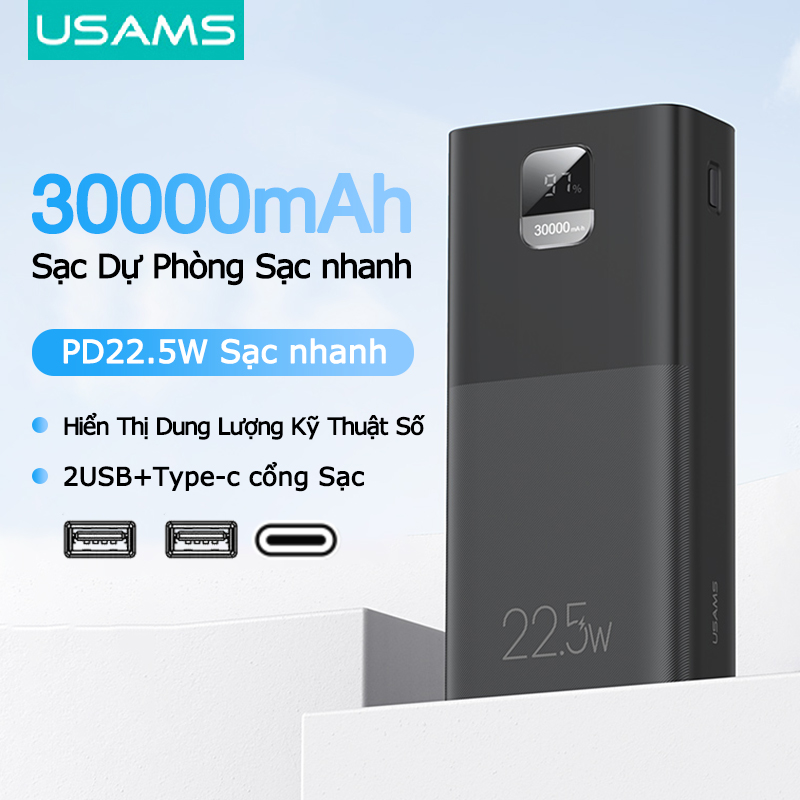 USAMS 30000mAh Sạc Dự Phòng Sạc nhanh PD22.5W Hiển Thị Dung Lượng Kỹ Thuật Số Sạc Di Động Sạc Pin Ngoài Điện Thoại Di Động 2USB+Type-c Ports 30000mAh Sạc Dự Phòng Dành Cho