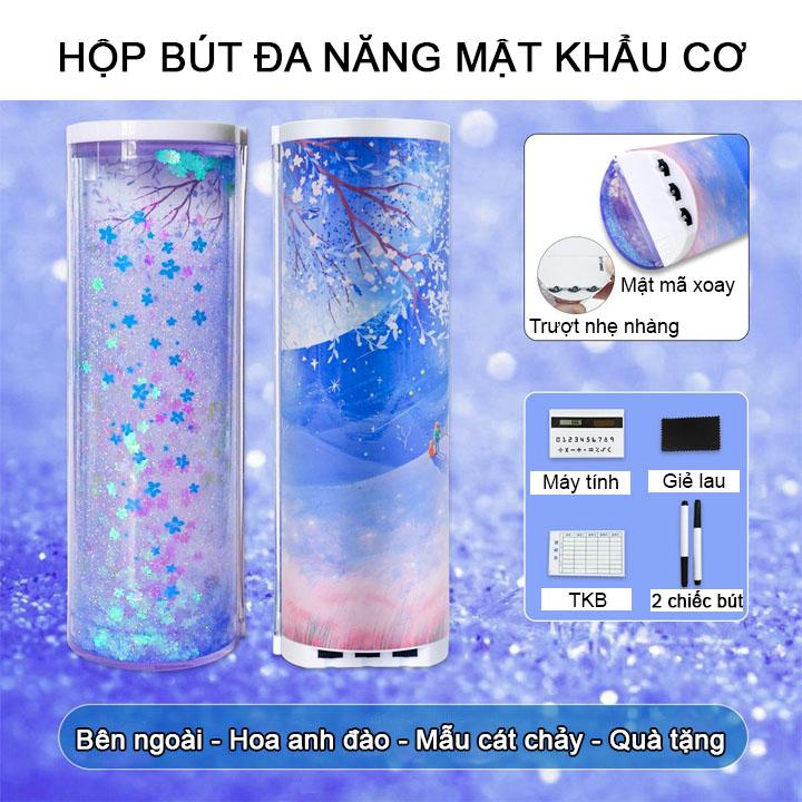 Hộp bút đa năng kim tuyến có mật khẩu cơ Tặng 2 bút + Giẻ lau+ máy tính + gương soi
