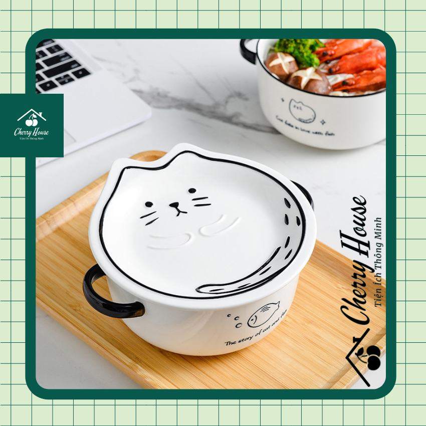 [FreeShip] Tô bát sứ ăn mì có nắp mèo trắng dễ thương CHERRY HOUSE CHTH01 tô bát đĩa gốm sứ cao cấp phong cách nhật ăn cơm mì bún phở mẫu đẹp có đĩa làm nắp đậy và quai cầm