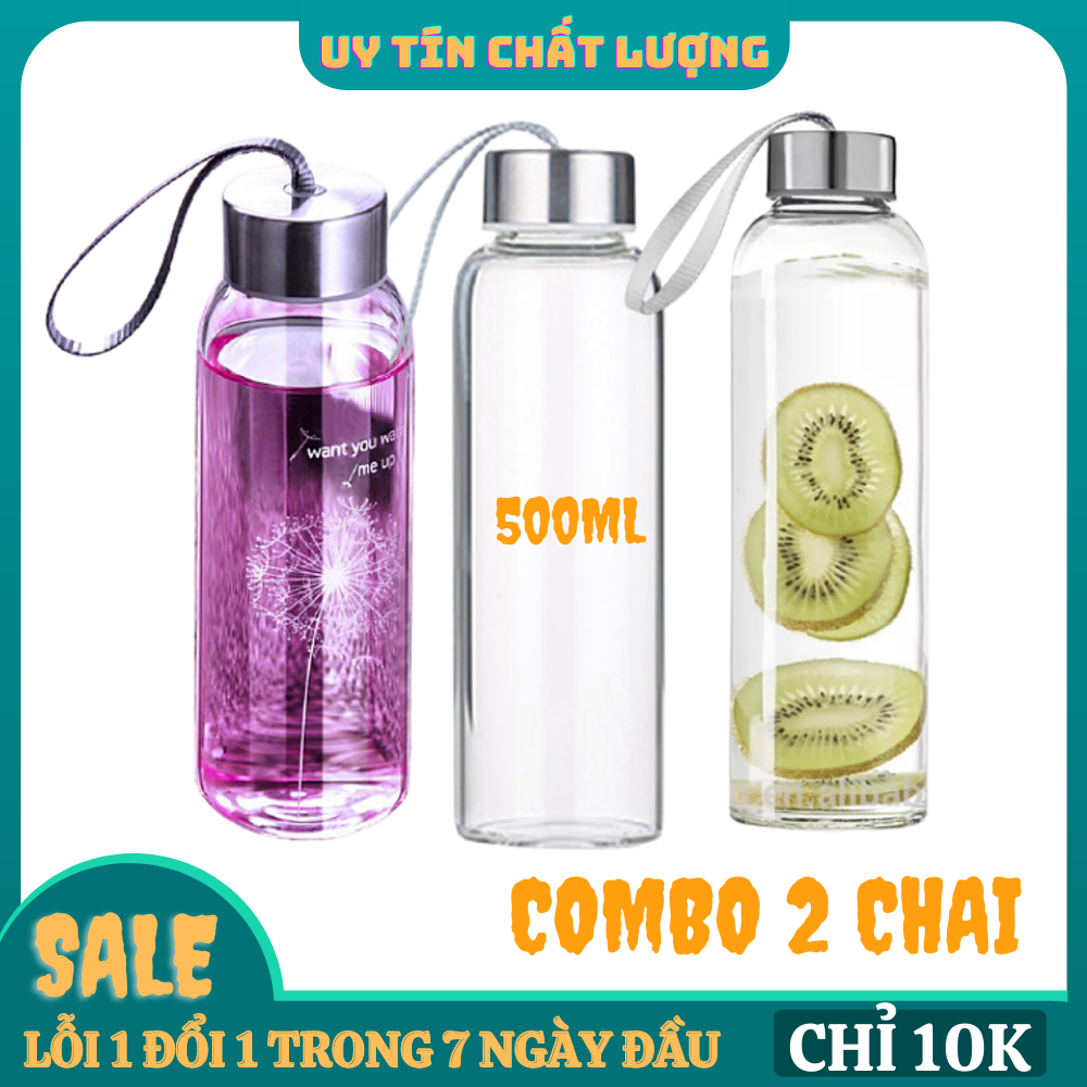 Combo 2 Bình Nước Thủy Tinh Detox Nắp Inox Có Quai Xách 500ml