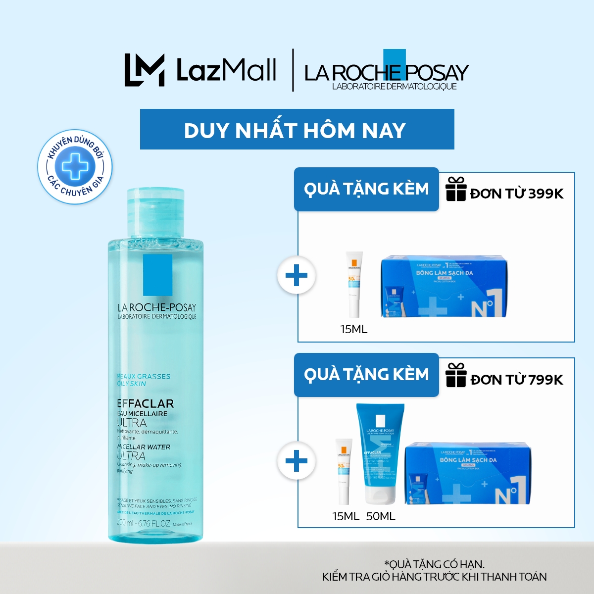 Nước làm sạch sâu và tẩy trang dành cho da mụn, da dầu nhạy cảm La Roche-Posay Effaclar Micellar Water 200ml
