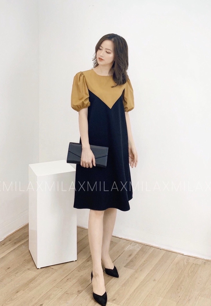 Váy bầu xinh V23 FREESHIP Đầm bầu công sở dáng suông màu đen vàng có khóa sau dáng dài qua gối full size S/M/L