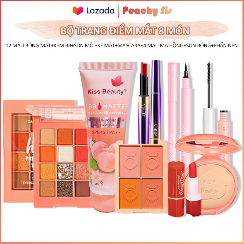 PS-Bộ mỹ phẩm trang điểm 8 món KISS BEAUTY (Kem BB + Phấn trang điểm + Kẻ mắt + Mascara + 10 Phấn má hồng + Son dầu + Son bóng + Má hồng)