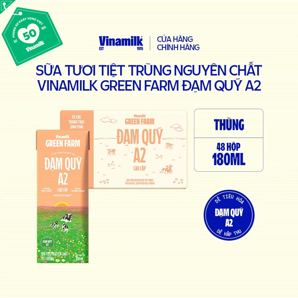 Thùng 48 hộp Sữa Tươi Tiệt Trùng Vinamilk Green Farm Không Đường A2 180ml