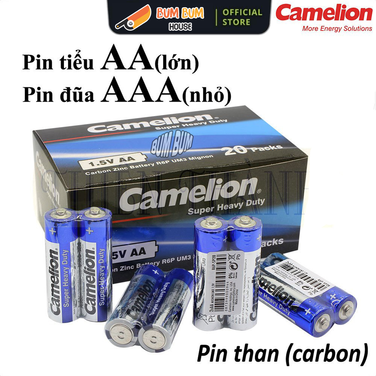 Hộp 40 viên Pin AA, AAA (R6P, R03P), pin carbon, pin than, pin Camelion, pin Tiểu, pin Đũa 2A và 3A Camelion, pin 1.5V, chính hãng