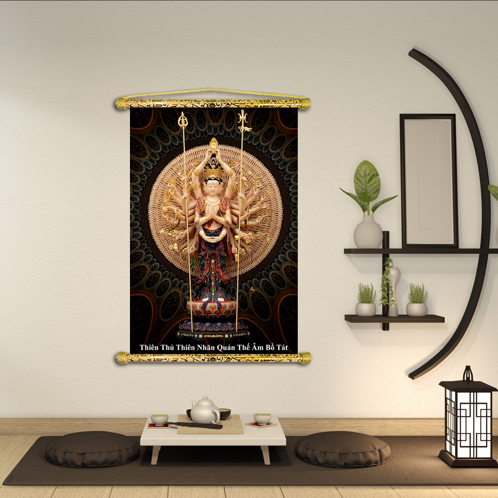 [HCM]Tranh Liễn Phật Giáo - Thiên thủ thiên nhãn Quan Âm  KT 40x60 cm – Vải canvas cao cấp nẹp sáo gỗ tự nhiên nhiều mẫu thiết kế