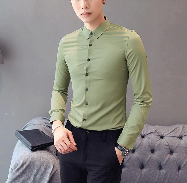 Sơ mi nam, sơ mi công sở nam, sơ mi xanh, chất lụa mềm mịn, xanh rêu , form body