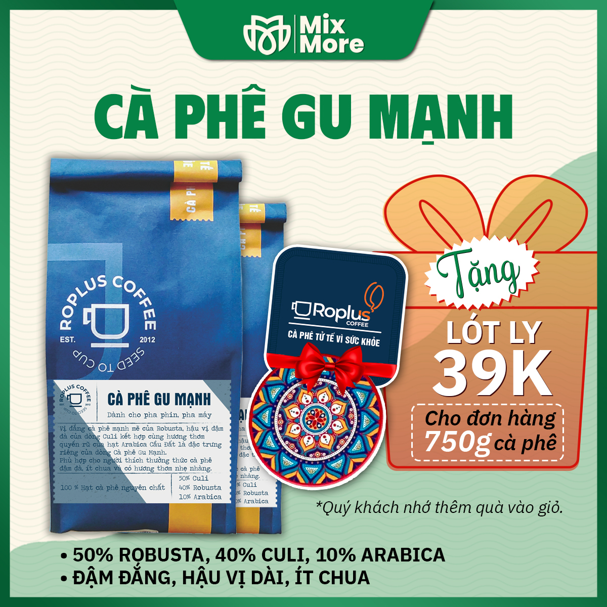 Cà phê Gu Mạnh Roplus Coffee nguyên chất rang mộc, pha phin, pha máy