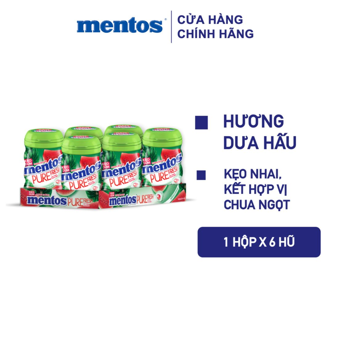Kẹo gum Mentos Pure Fresh Hương Dưa Hấu Hộp 6 hũ