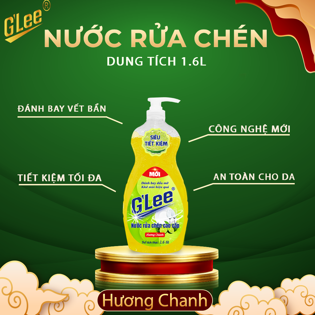 Nước rửa chén hương chanh, Nước rửa chén Glee cao cấp, Nước rửa chén 1,6L hương chanh