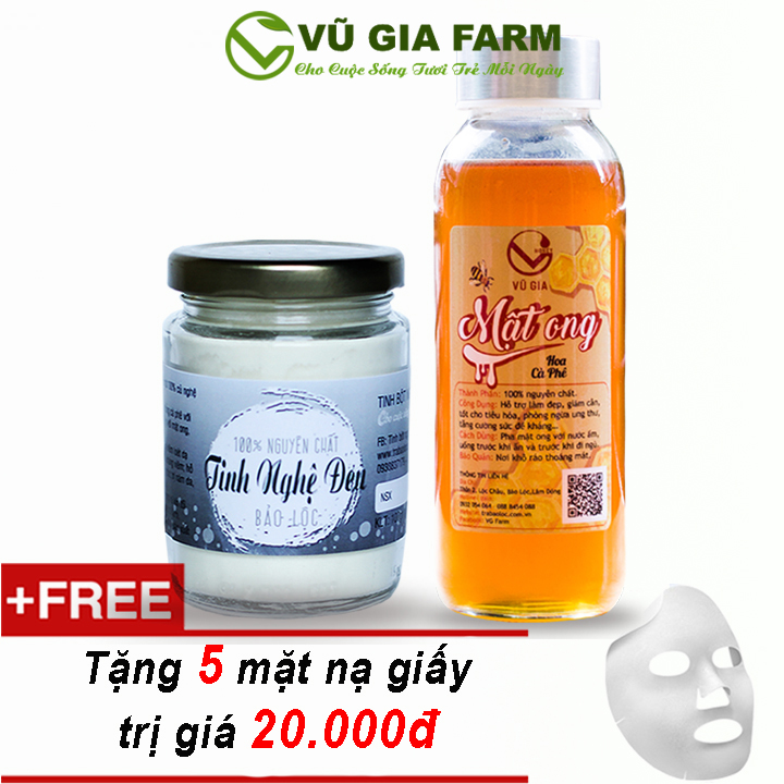 Combo Tinh Nghệ Đen 100g + Mật Ong Hoa Cà Phê 420g - Nguyên Chất Vũ Gia + Tặng 5 Mặt nạ giấy - Kết hợp đánh bay mụn, thâm nám, cải thiện sắc tố da - Đã được kiểm nghiệm y tế