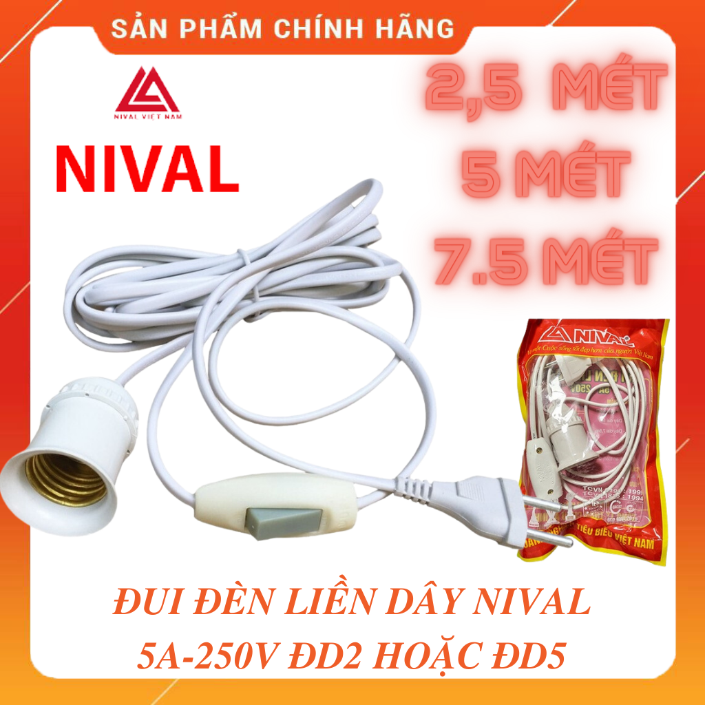 Đui đèn liên công tắc Nival dây 2.5m - 5m - 7.5m Model ĐD2 hoặc ĐD5
