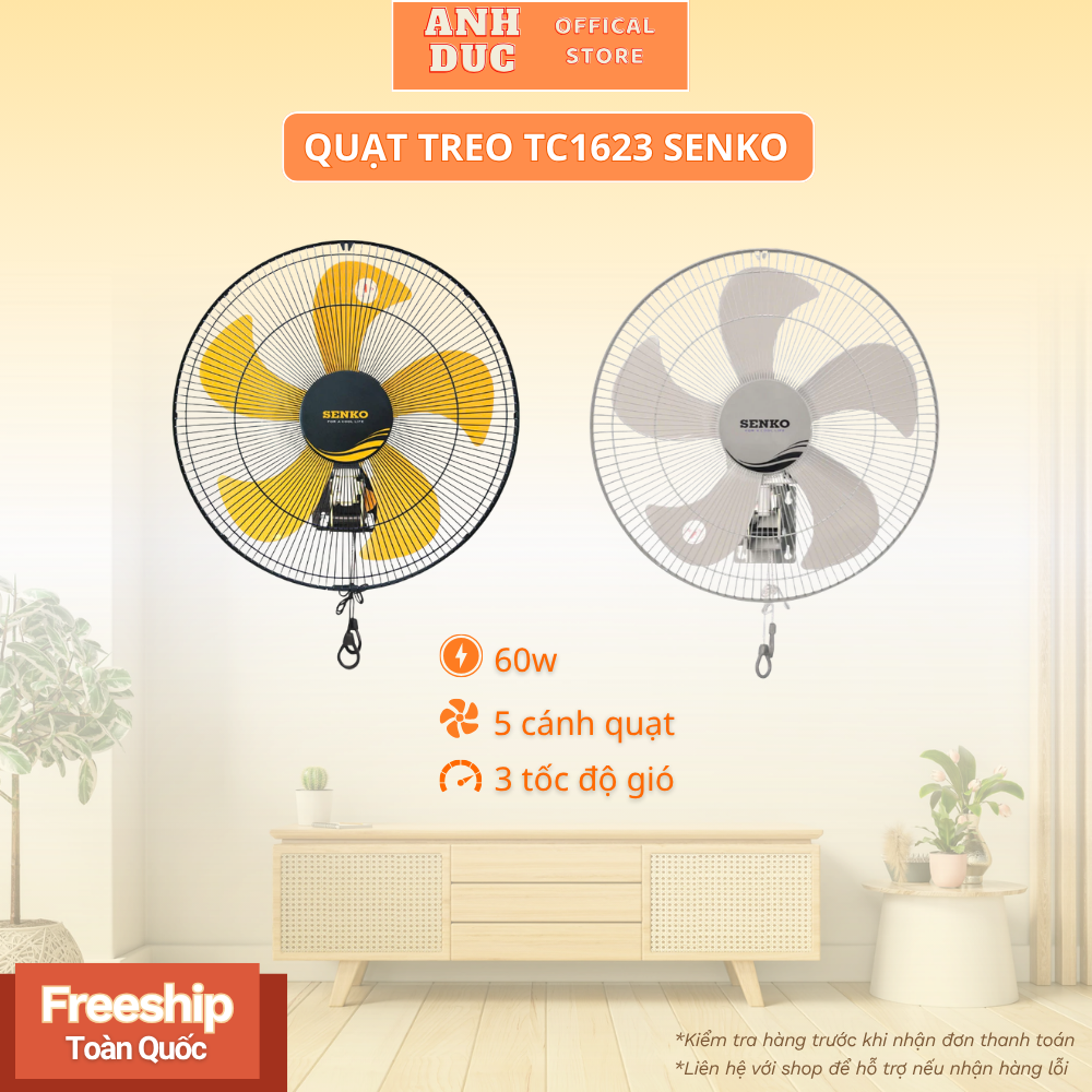 Quạt Treo Tường TC1623 Senko Công Suất 60w,3 Tốc Độ Gió,Động Cơ Lõi Đồng,An Toàn Bền Bỉ,Tiết Kiệm Điện,Bảo Hành 24 Tháng