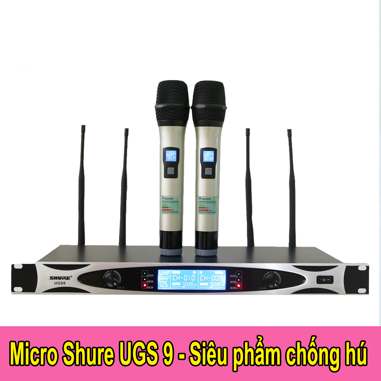 Micro Không Dây SHURE UGS 9 Hát Nhạy, Bắt Âm Tốt, Không Hú Rít, Không Gây Vỡ Tiếng, Loại 4 Râu Tay Míc Có Màn Hình Hiển Thị, Bắt Sóng Cực Mạnh Mẽ, Phù Hợp Cho Dàn Âm Thanh Karaoke Gia Đình, Karaoke Kinh Doanh Hay Sân Khấu Biểu Diễn.