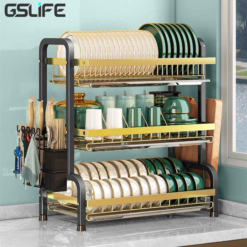Gslife Kệ Chén Bát Thông Minh Tiện Lợi Kèm Khay Đựng, 2&3 Tầng Kệ Để Đồ Đa Năng Nhà Bếp, Kệ Đựng Đồ
