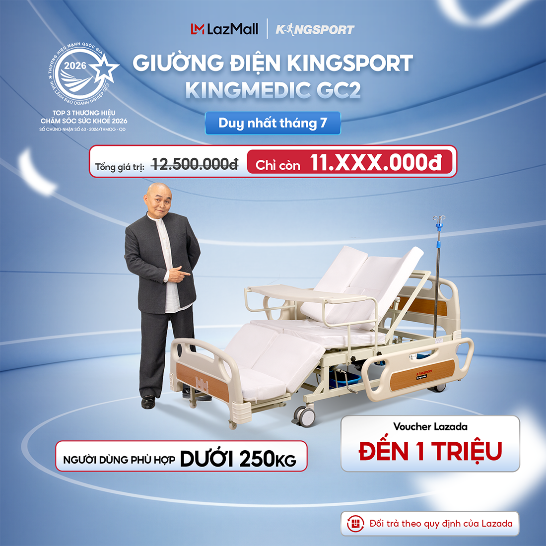 Giường cơ KINGSPORT KINGMEDIC GC2 trang bị tính năng nâng lưng, lật nghiêng hai bên