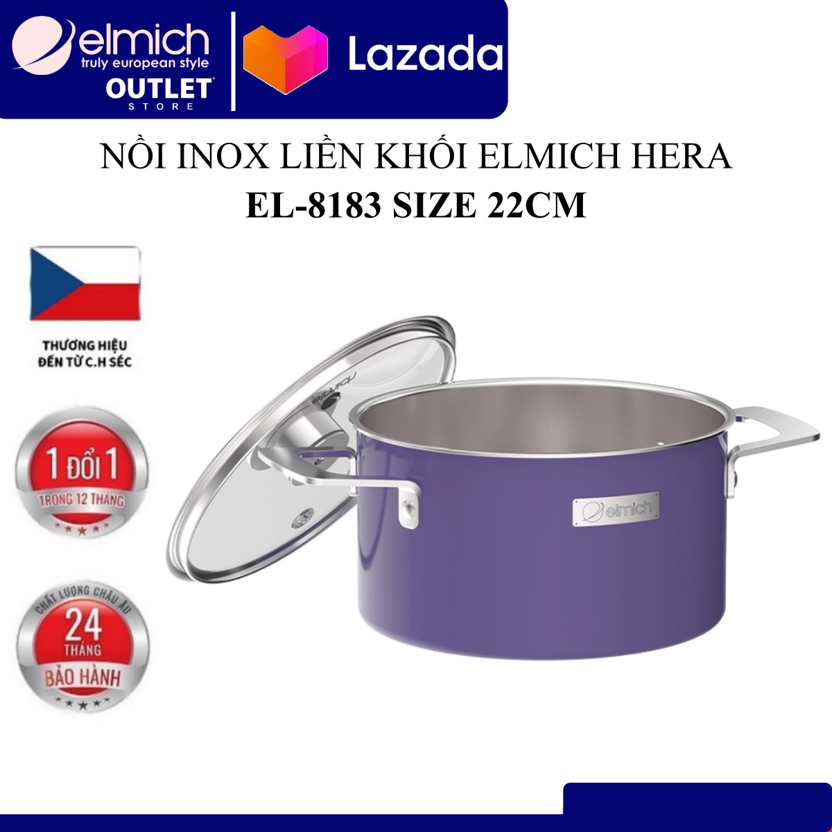 Nồi INOX Liền Khối Elmich Hera Mầu Tím (Size 16, 18, 20, 22, 26cm)