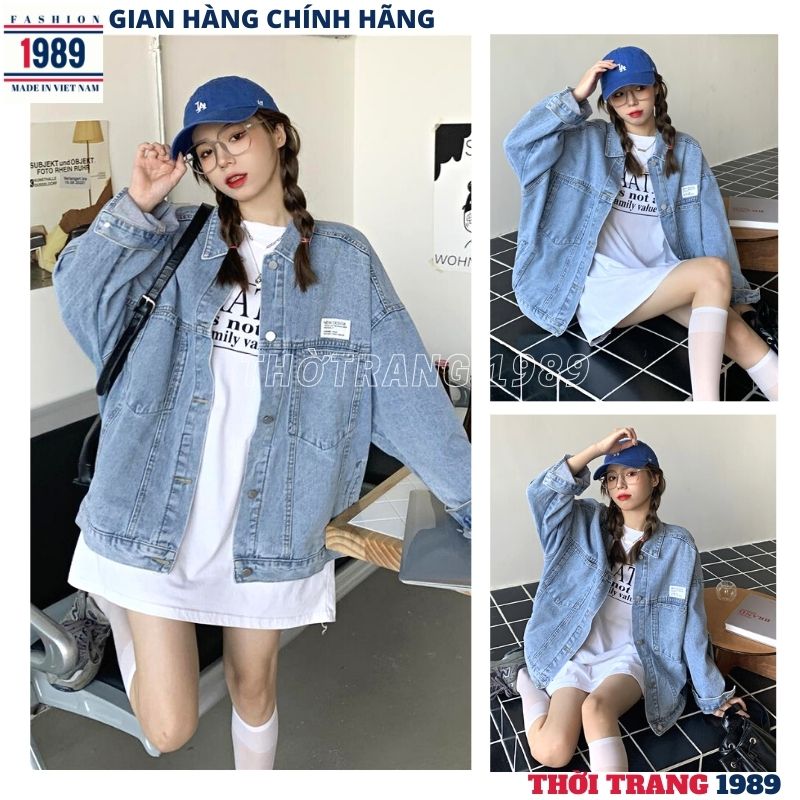 Áo khoác bò nữ unisex thêu logo -áo khoác jeans bò denim phom rộng dáng suông kiểu dáng hàn quốc ulzzang -THỜI TRANG 1989