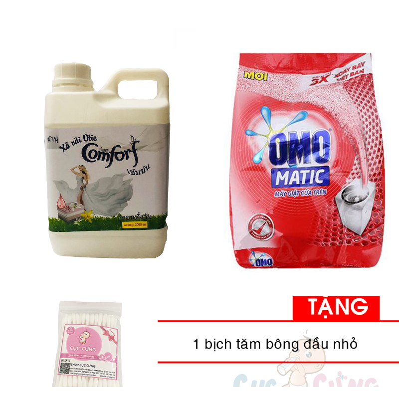 SET Nước xả vải hương Comfort Thái Lan 2000ml MÀU TRẮNG + Bột giặt OMO MATIC 6kg cho máy giặt cửa trên Tặng 1 bịch tăm bông đầu nhỏ