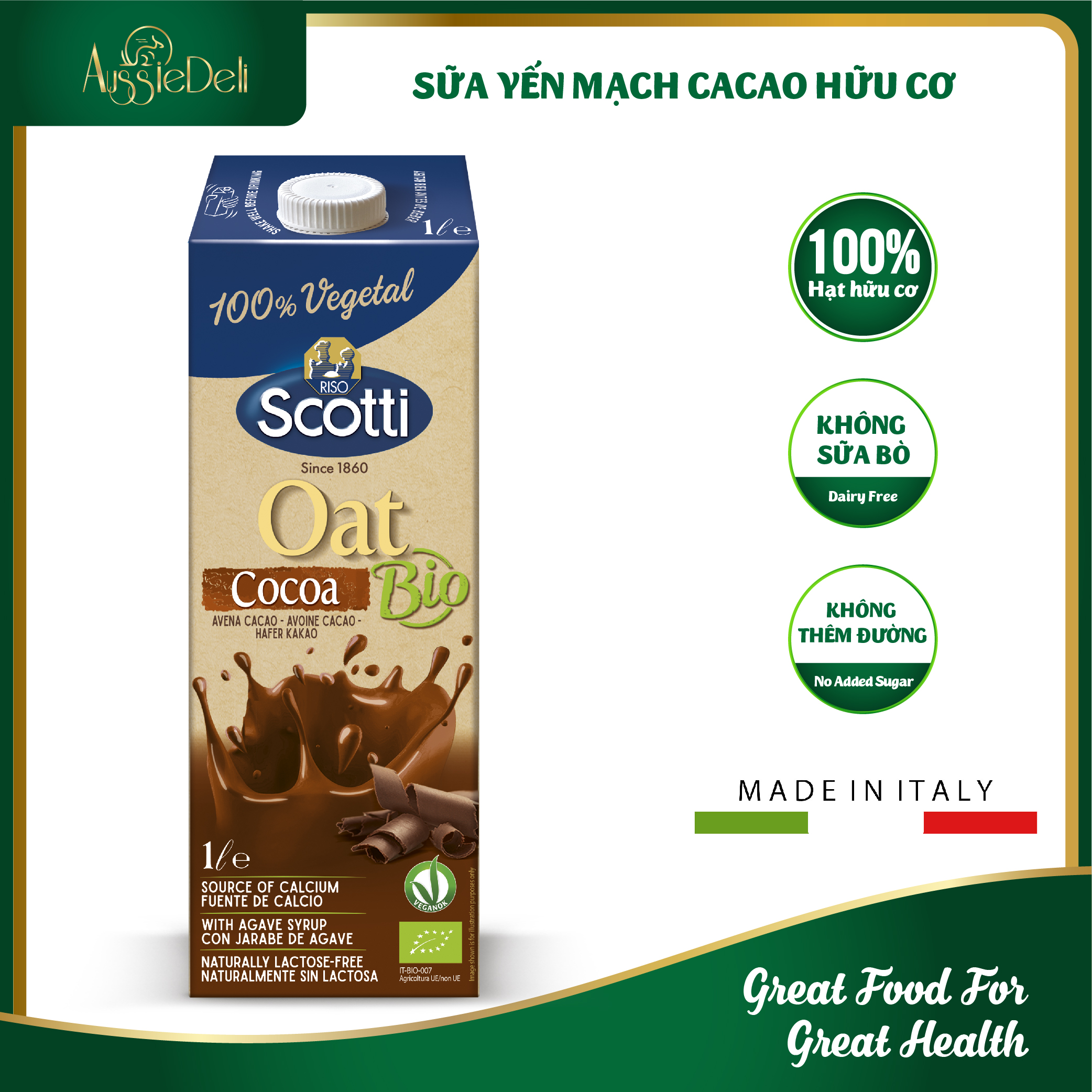 Sữa hạt yến mạch hữu cơ hương vị cacao giàu dinh dưỡng - riso scotti - bio oat cocoa milk - hộp 1l