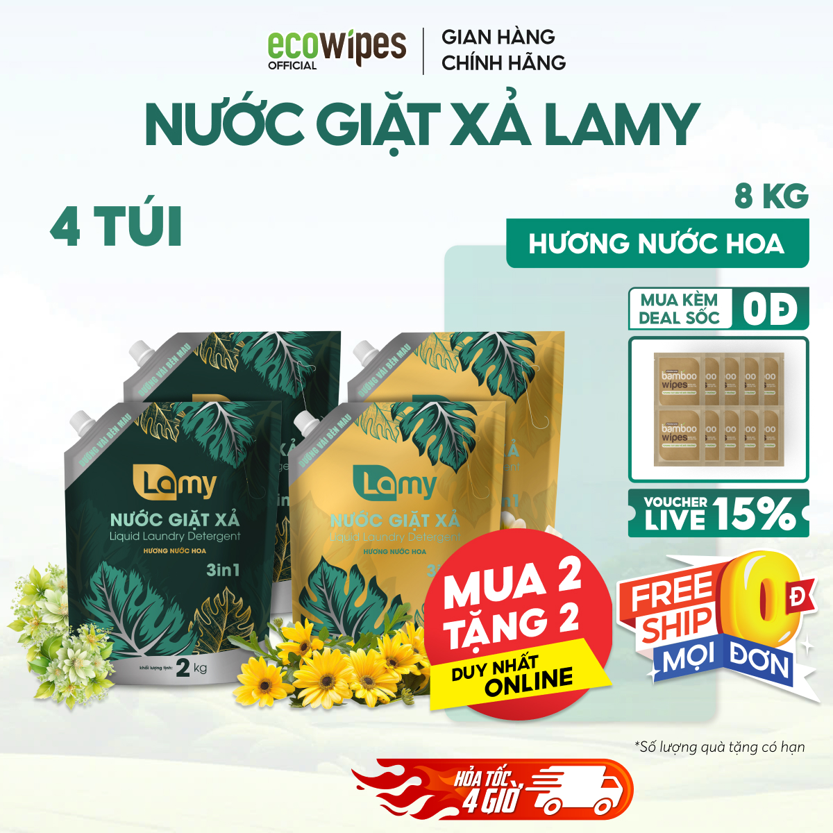 [MUA 2 TẶNG 2] Nước Giặt Xả Lamy Túi 2KG Hương Nước Hoa Thơm Lâu Sạch Nhanh Làm Mềm Vải 3IN1 (4 TÚI)