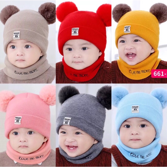 Set mũ và khăn 2 quả bông cho bé 6 tháng đến 3 tuổi, Sét mũ 2 quả bông kèm khăn, Sét Mũ len 2 quả bông kèm khăn cho bé, mùa len, khăn quàng cổ giữ ấm cho bé