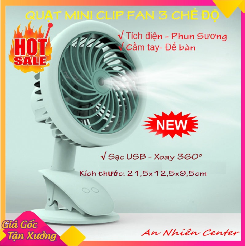 Quạt mini tích điện phun sương cầm tay để bàn hoặc kẹp CLIP FAN, sạc USB có 3 chế độ tiện lợi hơn quạt tích điện mini, quạt điều hòa mini, quạt sạc tích điện mini cầm tay, máy lạnh mini giá rẻ, quạt phun hơi nước cầm tay