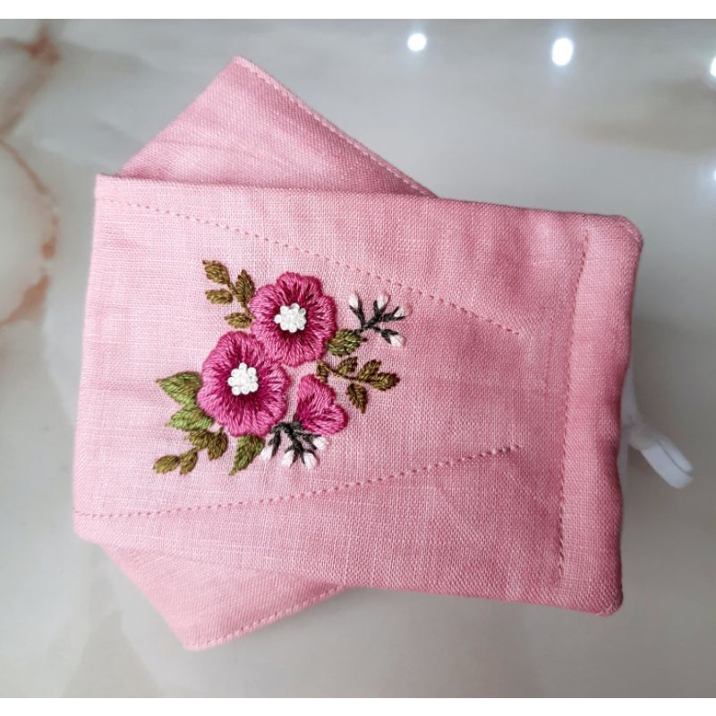 Khẩu trang linen 3d thêu tay tông hồng cam