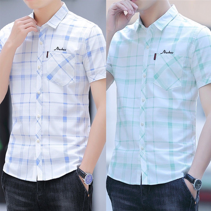 Áo sơ mi nam tay ngắn phối caro thêu chữ Nubez Thời Trang Công Sở Kiểu Hàn Quốc Mẫu Mới Cực Hot 2023