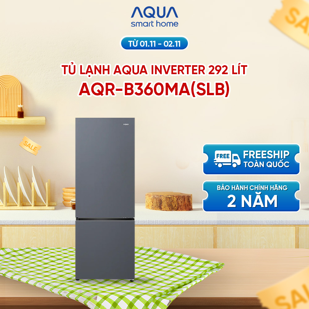 Tủ lạnh ngăn đông dưới Aqua 292L AQR-B360MA(SLB) - Twin Inverter, tiết kiệm điện - Bảo hành chính hã