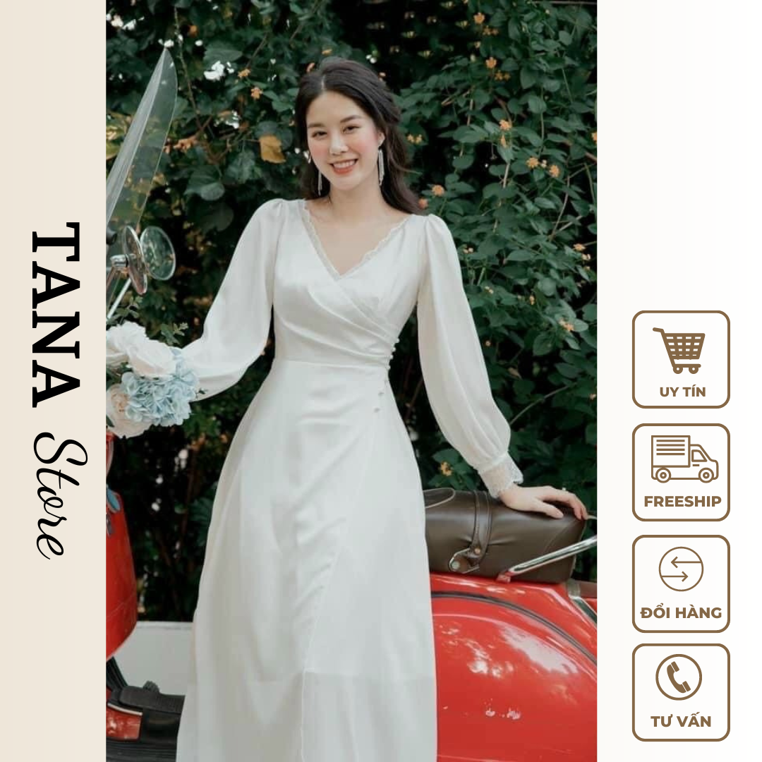 Đầm dự tiệc tana d0504 đầm trắng cổ tim đắp chéo tà viền ren phù hợp mặc đi tiệc, chụp hình