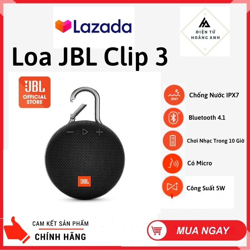[ BẢO HÀNH 3 NĂM ] Loa Bluetooth mini JBL Clip 3 - Loa Nghe Nhạc Karaoke - Chống Nước IPX7 - Pin 1000mAh  Nghe Nhạc Trong 10 giờ - Thiết Kế Nhỏ Gọn Có Móc Treo - Bluetooth 4.1 - Loa Vi Tính - Loa Để Bàn.