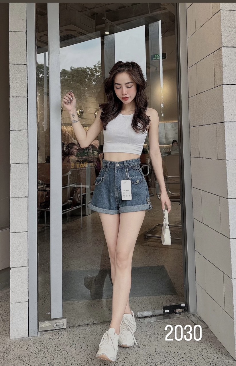 Quần short jean nữ lưng cao dúm lưng phối nắp túi 2 màu dành cho bạn gái từ 35 đến 49kg