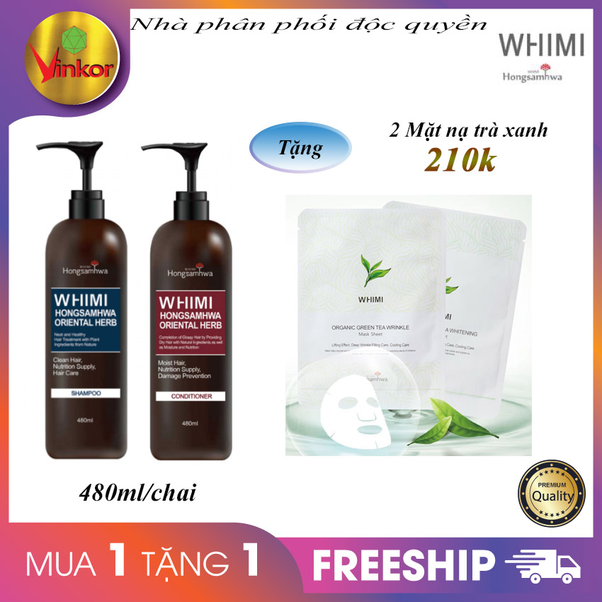 Bộ dầu gội xả thảo dược tinh chất hồng sâm WHIMI Hàn Quốc giúp tóc bóng khỏe, mượt mà, sạch sâu.