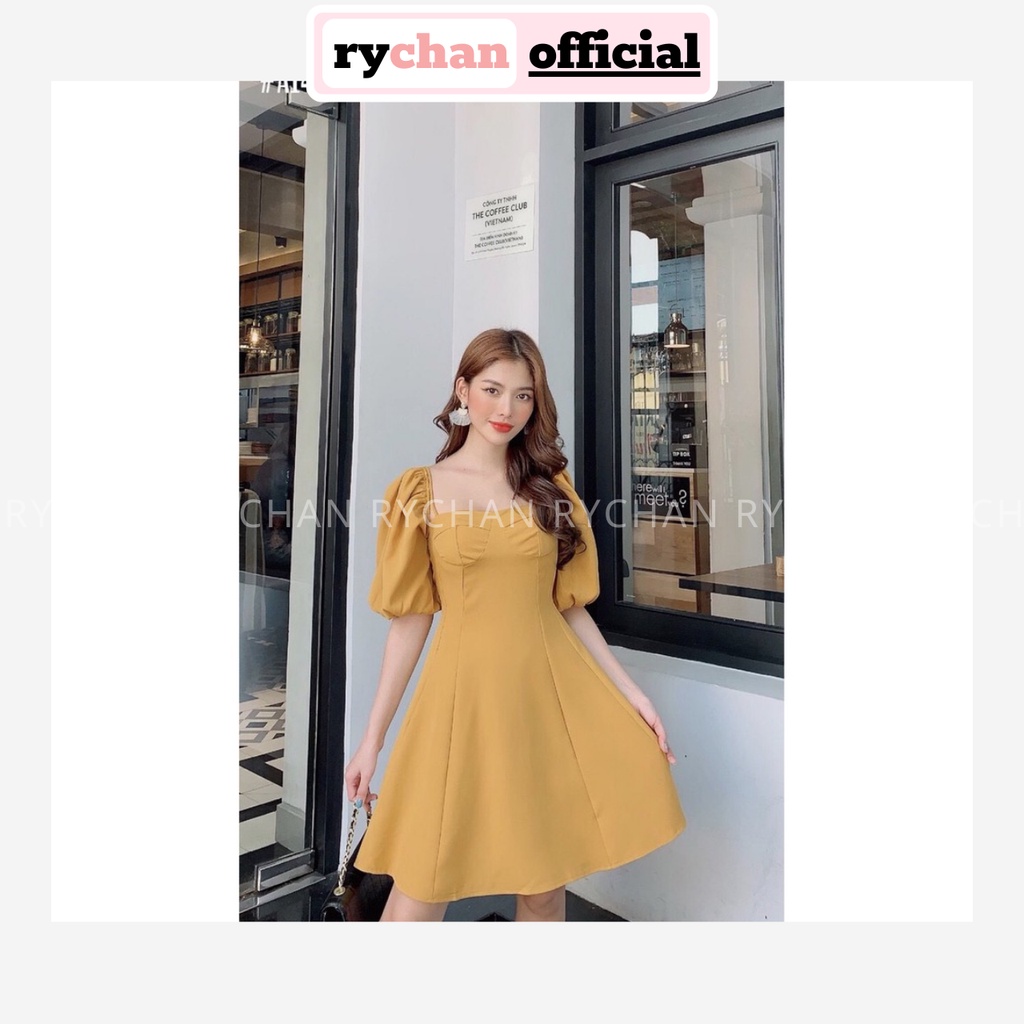 Đầm xòe vàng cổ vuông phối dây vai tay lỡ bồng - dx306