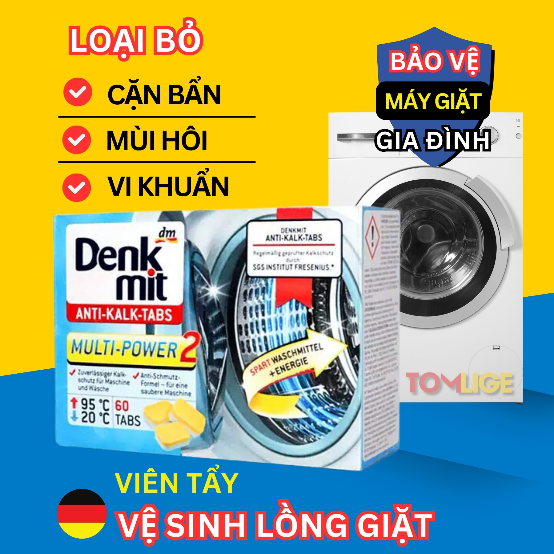 Viên vệ sinh máy giặt Denkmit Hộp 60 viên, loại bỏ cặn bám lồng giặt, khử mùi hôi, dùng cho cả máy cửa trước và cửa trên