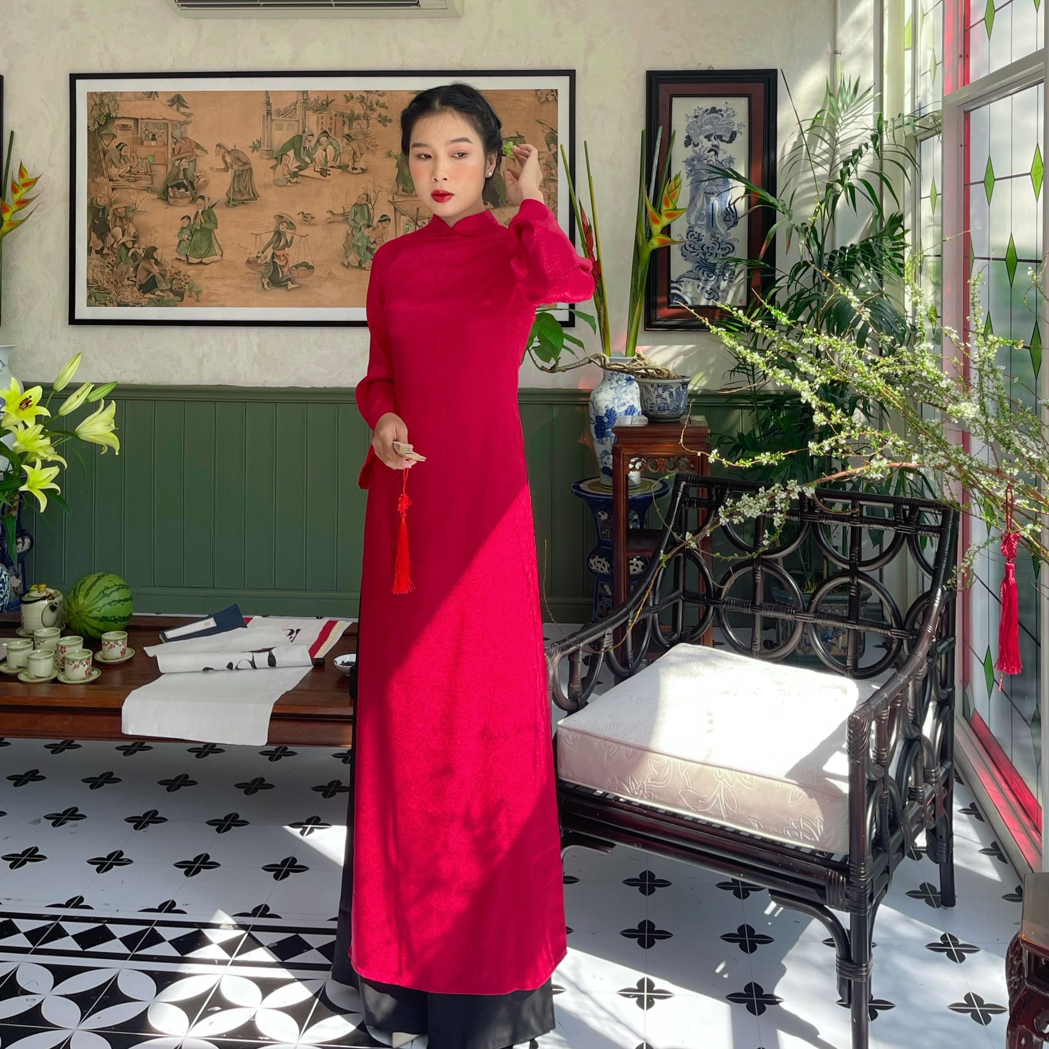 Áo dài truyền thống gấm hoa, áo dài thanh mai đỏ - du yên thiết kế