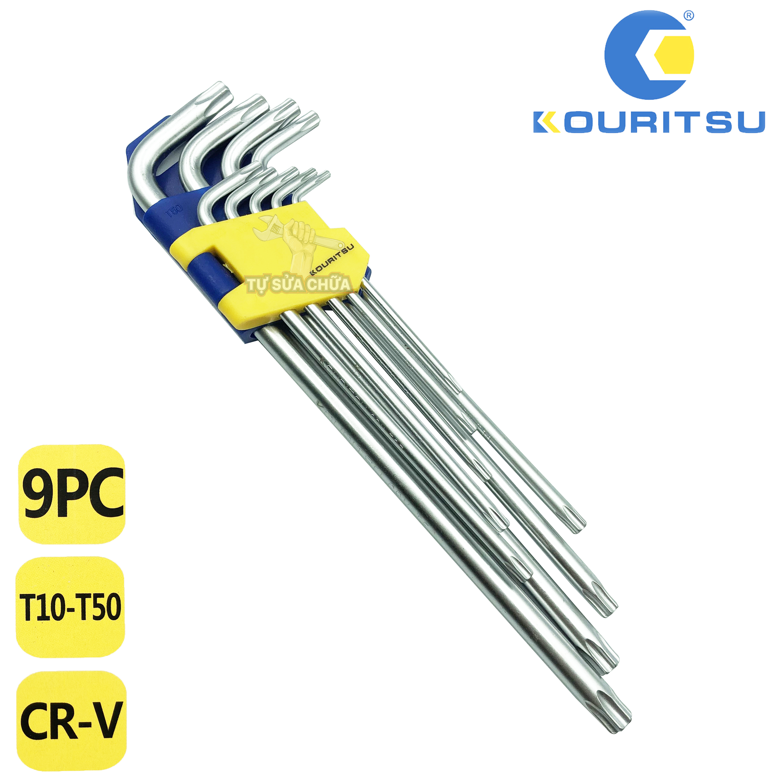 Bộ lục giác hoa thị dài Nhật Bản Kouritsu T04306 - bộ lục giác sao 9 chi tiết T10-T50, lục giác bông mai có lỗ làm từ thép CrV cao cấp