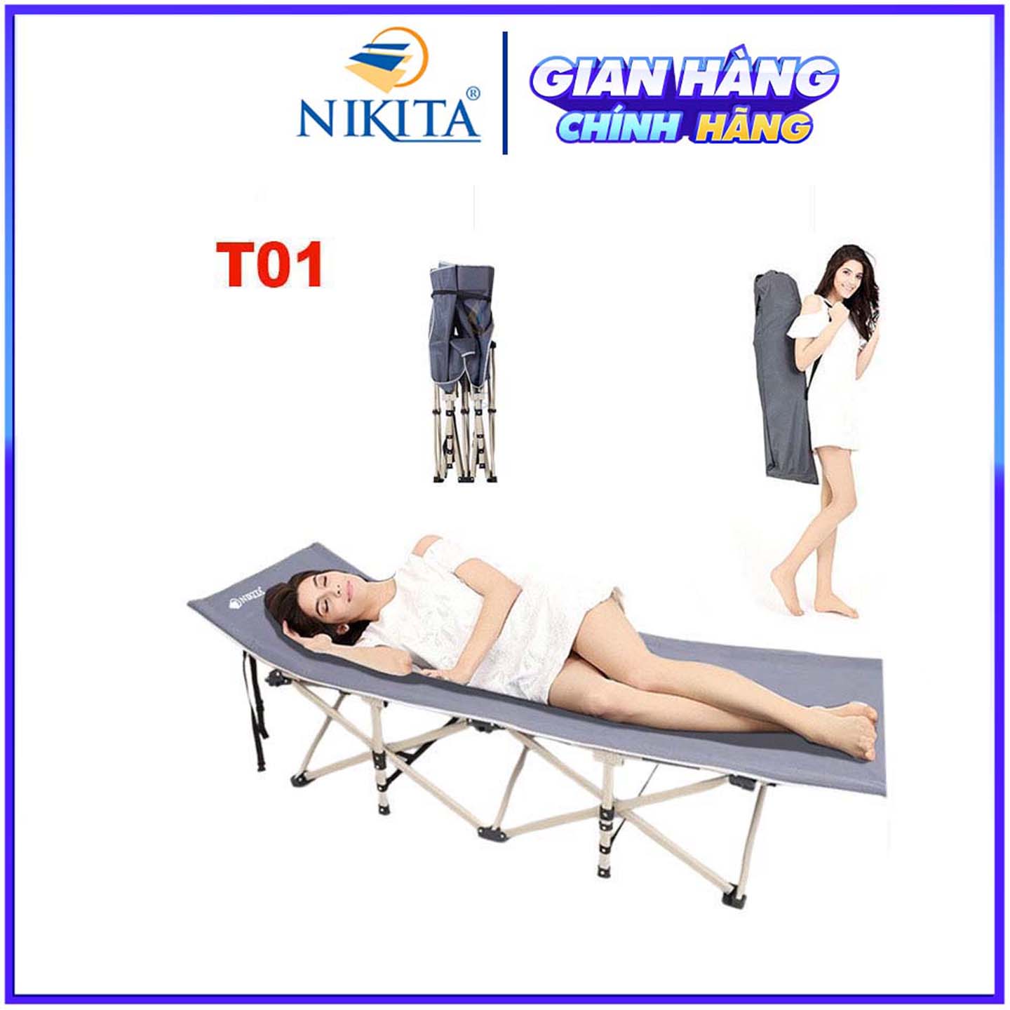 Giường xếp du lịch, vải bạt 3D chống thấm, chống bám bụi, xếp gọn kèm túi du lịch - Hàng chính hãng NIKITA