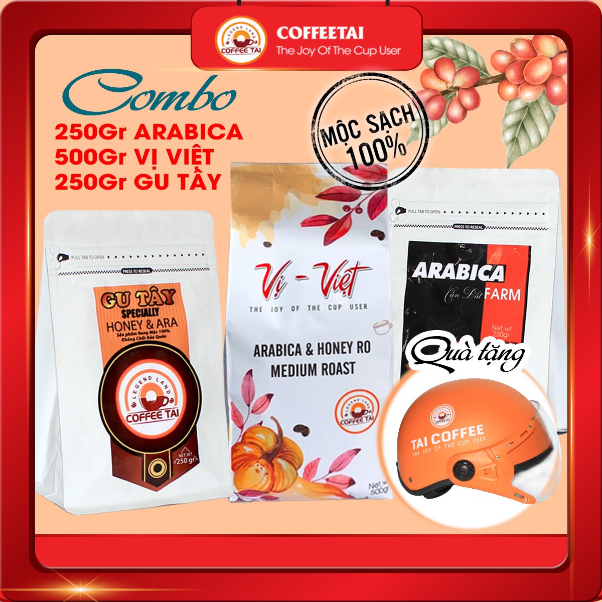 Cà phê mộc sạch rang xay nguyên chất COFFEETAI combo gồm 1kg cà phê vị việt 250gr cà phê gu tây và 250gr cà phê arabica tặng 01 mũ bảo hiểm có gương