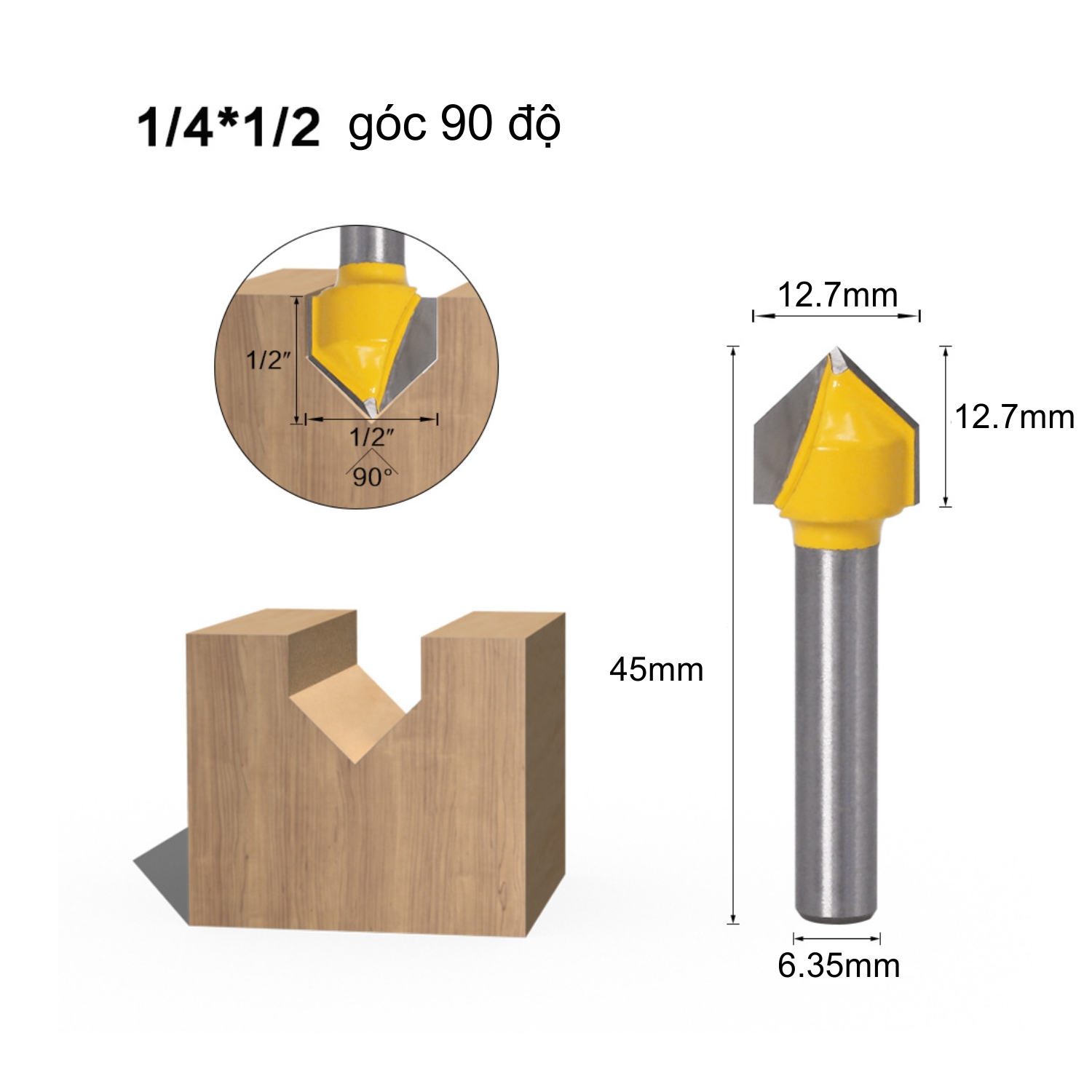 Mũi soi gỗ, mũi phay gỗ phay rãnh v 90 độ với cốt 6.35mm - công cụ chuyên dụng cho công việc ngành gỗ